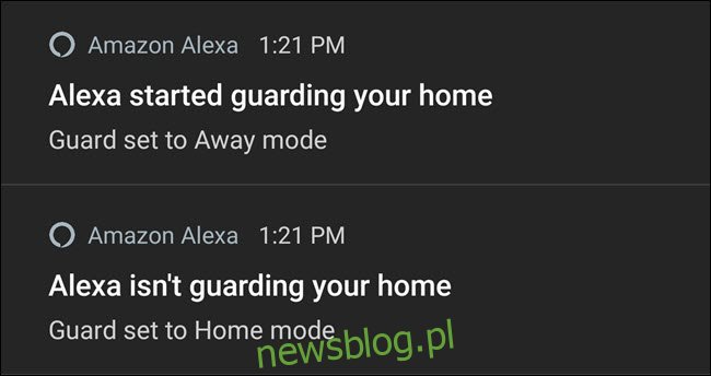 Powiadomienia Alexa włączające i wyłączające straż.