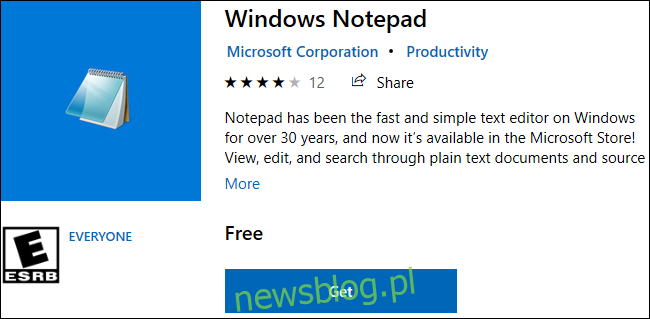 Notatnik Windows dostępny do pobrania w Sklepie Windows 10.