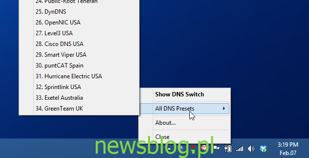 Przełączaj się między ponad 30 popularnymi serwerami DNS z paska zadań systemu Windows