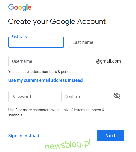Strona Utwórz konto Google, na której wpisujesz swoje imię i nazwisko, nazwę użytkownika i hasło.