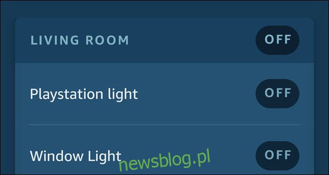 Aplikacja Alexa pokazująca dwa światła o nazwie Playstation Light i Window Light