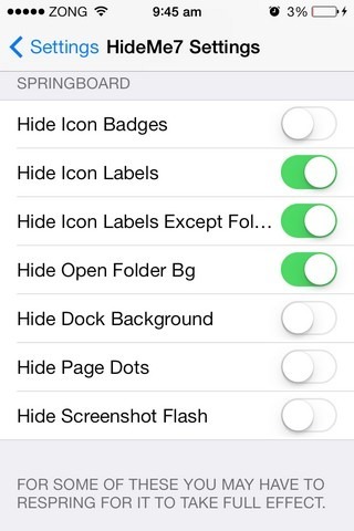HideMe7 iOS SpringBoard Ustawienia