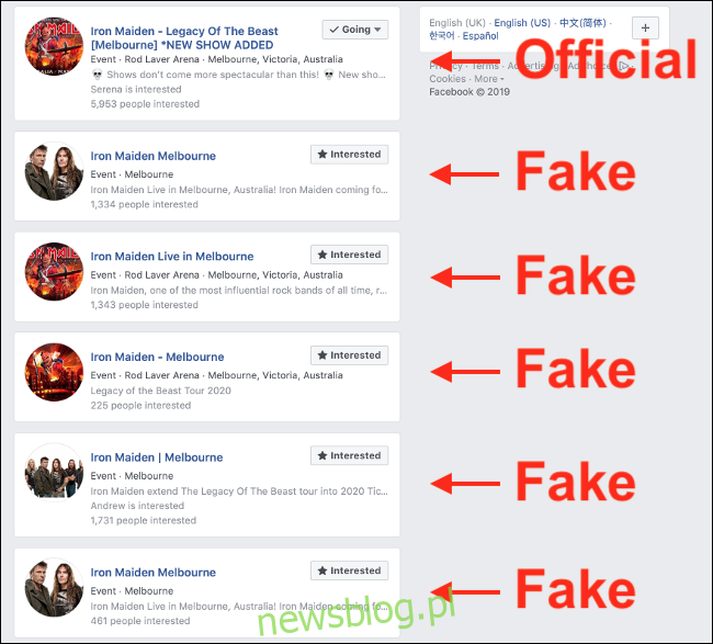 Zduplikowane fałszywe wydarzenia na Facebooku