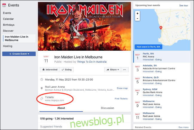 Fałszywa strona wydarzenia na Facebooku z linkiem do sprzedawcy biletów
