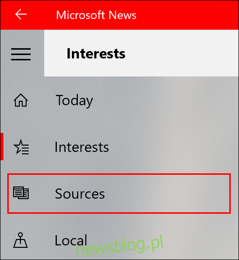 Aby dodać źródła wiadomości do Microsoft News, kliknij kartę Źródła w menu po lewej stronie