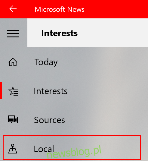 Aby dodać wiadomości lokalne do Microsoft News, kliknij kartę Lokalne w menu po lewej stronie