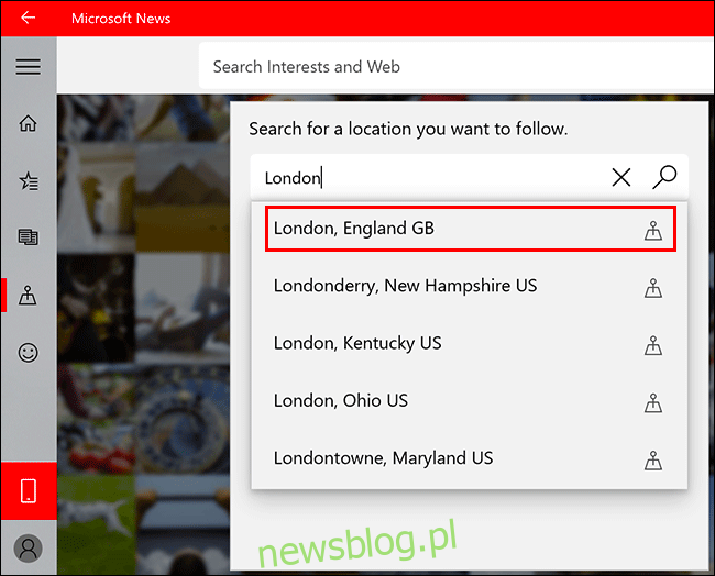 Aby dodać lokalizację do Microsoft News, kliknij w dowolnym miejscu na karcie Lokalne, wpisz lokalizację i kliknij ją, aby ją dodać