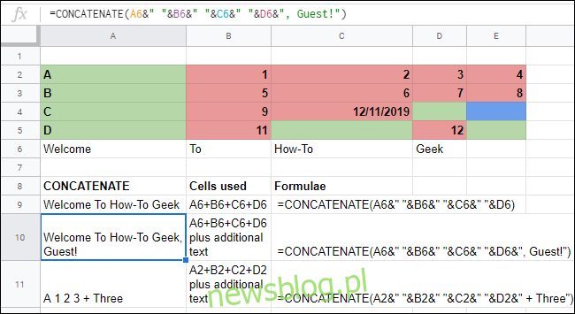 Funkcja CONCATENATE ze złożonymi operatorami w arkuszu kalkulacyjnym Arkuszy Google.