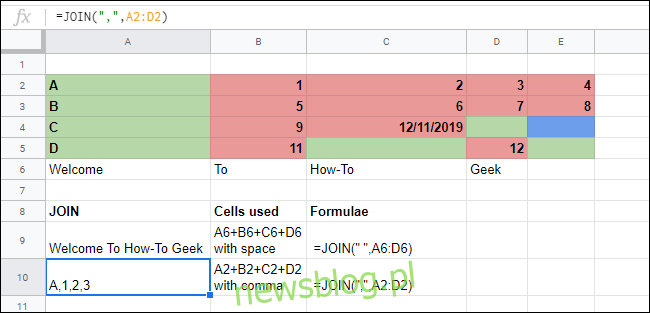 Funkcja JOIN scalająca tablice komórek w arkuszu kalkulacyjnym Arkuszy Google.