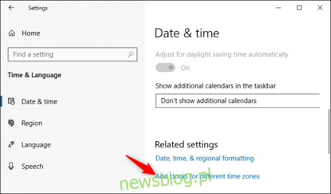 Dodawanie zegarów dla różnych stref czasowych do systemu Windows 10.