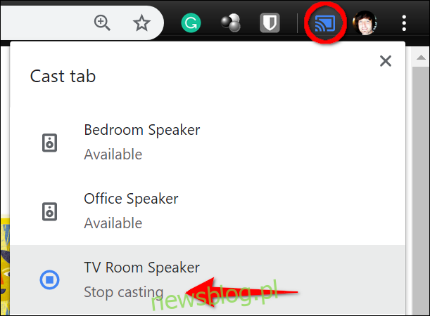 Kliknij niebieski przycisk Cast, a następnie kliknij swoje urządzenie Google Home.