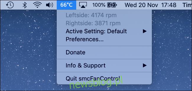 Aplikacja smcFanControl pokazująca temperaturę 66 stopni Celsjusza na komputerze Mac. 