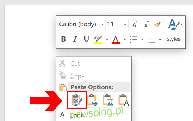 Aby wkleić w programie Word, naciśnij Ctrl + V lub kliknij prawym przyciskiem myszy stronę, klikając jedną z opcji wklejania.