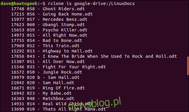 rclone ls google-drive: / LinuxDocs w oknie terminala