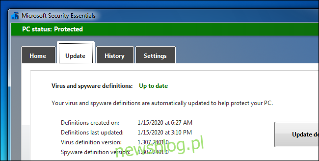 Microsoft Security Essentials wciąż otrzymuje aktualizacje definicji w systemie Windows 7.