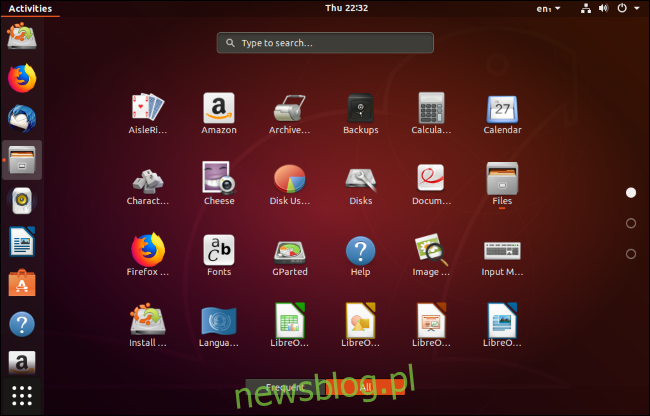 Lista domyślnie zainstalowanych aplikacji na pulpicie Ubuntu.