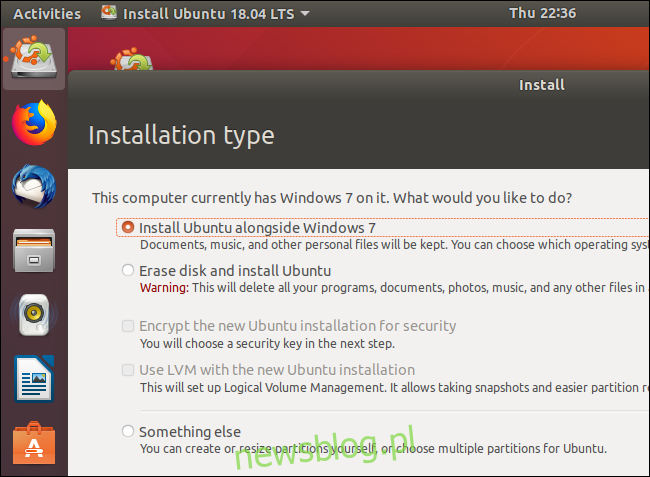 Wybór instalacji Ubuntu razem z Windows 7 zamiast wymazywania dysku.