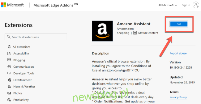 Kliknij Pobierz, aby zainstalować rozszerzenie Microsoft Edge ze sklepu Microsoft Store