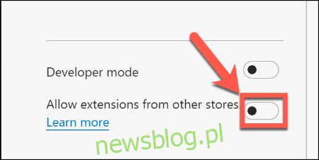 Kliknij Zezwalaj na rozszerzenia z innych sklepów na stronie rozszerzeń Microsoft Edge, aby umożliwić instalację rozszerzeń Chrome