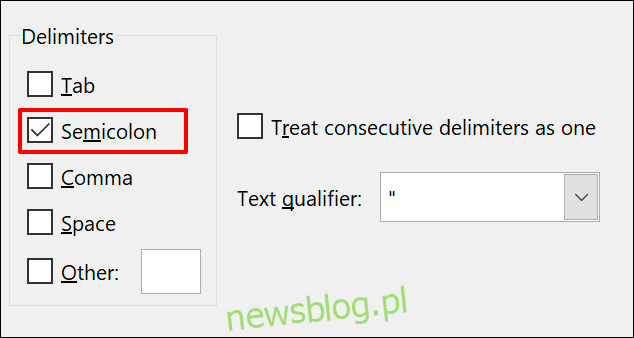 Opcje ogranicznika tekstu do kolumny w programie Microsoft Excel z zaznaczonym średnikiem