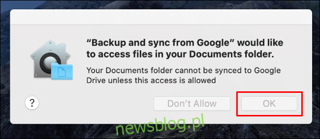 Kliknij OK, aby zezwolić Kopii zapasowej i synchronizacji na dostęp do folderu dokumentów na komputerze Mac