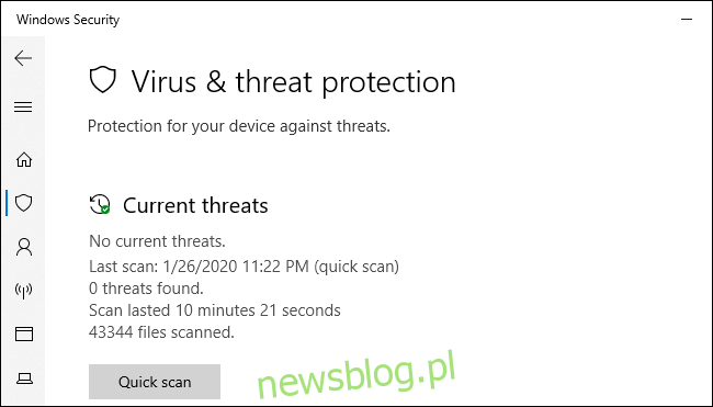 Ekran Windows Security przed wirusami i zagrożeniami w systemie Windows 10