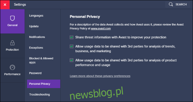 Opcje udostępniania danych osobowych w programie Avast.