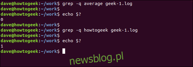 grep -q średni geek-1.log w oknie terminala