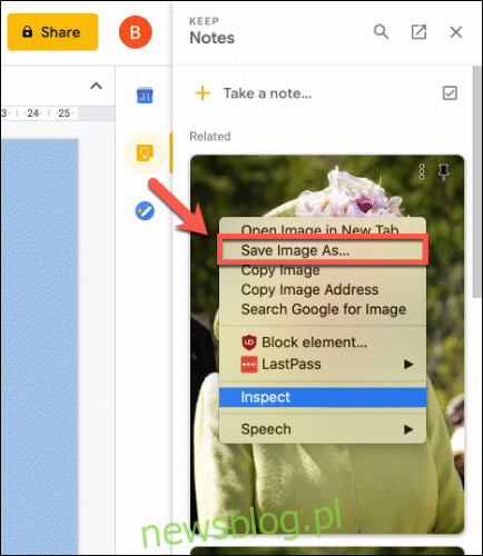 Kliknij prawym przyciskiem myszy i kliknij opcję Zapisz obraz jako, aby zapisać plik obrazu z notatek Keep