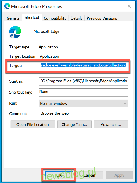Niestandardowy skrót Microsoft Edge z flagą włączania funkcji