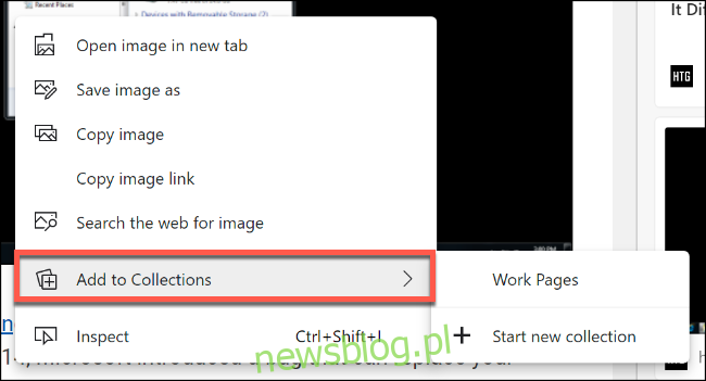 Kliknij prawym przyciskiem myszy obiekt lub zaznaczony tekst, a następnie wybierz swoją kolekcję w podkategorii Dodaj do kolekcji, aby dodać tę zawartość do kolekcji Microsoft Edge