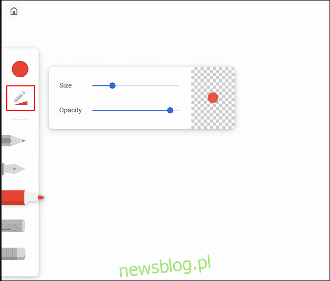 Kliknij ikonę pod okrągłą ikoną w menu narzędzi do rysowania w Google Chrome Canvas, aby zmienić rozmiar i krycie narzędzia
