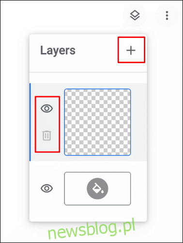 Menu Warstwy w Google Chrome Canvas z opcjami dodawania, usuwania lub ukrywania warstw