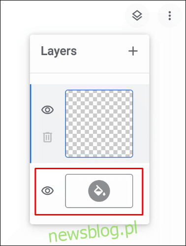 Aby zmienić kolor płótna w Google Chrome Canvas, kliknij menu warstw w prawym górnym rogu, a następnie kliknij ikonę wiadra z farbą