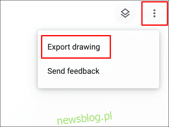 Aby wyeksportować rysunek Google Chrome Canvas podczas edycji, kliknij ikonę menu ustawień hamburgera w prawym górnym rogu, a następnie kliknij Eksportuj rysunek