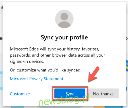 Naciśnij Synchronizuj, aby zsynchronizować informacje o profilu Edge z innymi urządzeniami