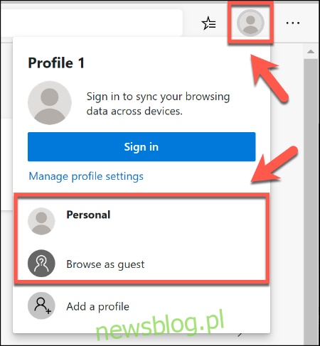 Aby przełączać się między profilami przeglądarki w Microsoft Edge, kliknij ikonę profilu użytkownika w prawym górnym rogu, a następnie wybierz swój profil z podanej listy