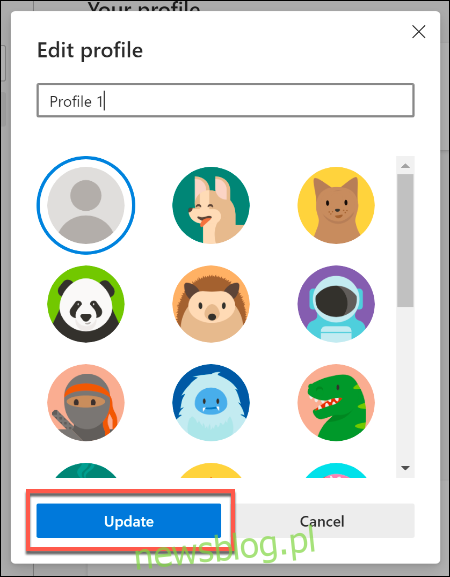 Podaj nową nazwę i ikonę dla profilu użytkownika w Microsoft Edge, a następnie naciśnij Aktualizuj, aby zaktualizować ustawienia