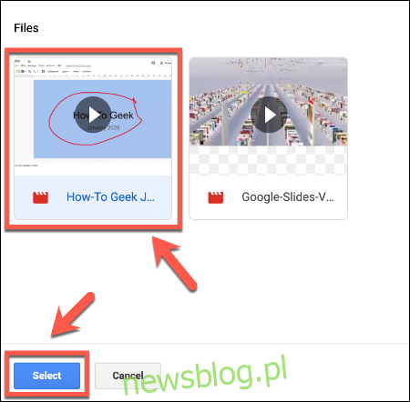 W menu wyboru Wstaw wideo w Prezentacjach Google naciśnij swój film, a następnie kliknij Wybierz, aby go wstawić