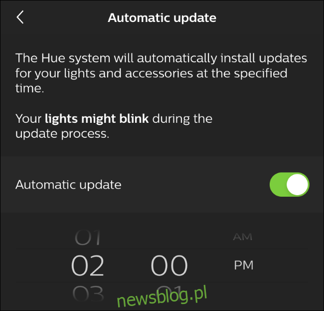 Opcje automatycznej aktualizacji w aplikacji Hue