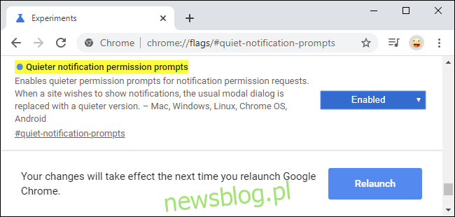 Cichsza flaga żądania powiadomienia w Google Chrome 80