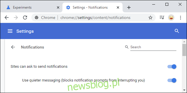 Włączenie opcji cichszego przesyłania wiadomości w Google Chrome dla powiadomień w Ustawieniach.