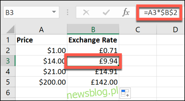 Przykład ręcznego przeliczania walut w arkuszu kalkulacyjnym Excel.