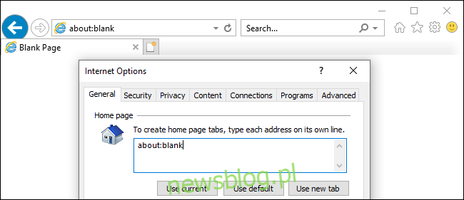 Zatrzymywanie otwierania programu Internet Explorer za pomocą about: blank