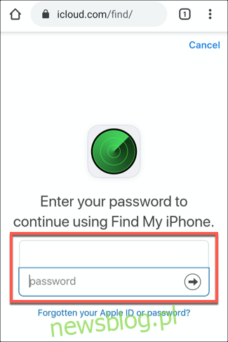 Ekran logowania do usługi iCloud Find iPhone, wyświetlany w przeglądarce Chrome w systemie Android