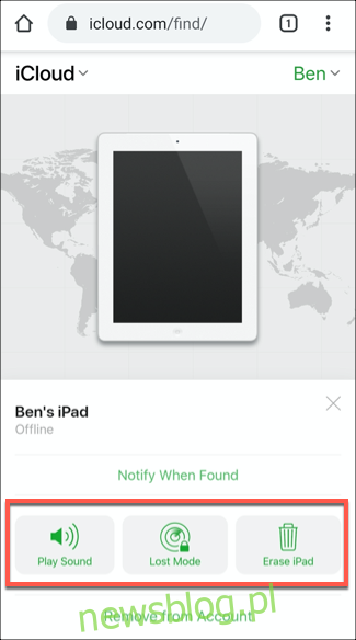 Usługa Znajdź iPhone'a na Androida, pokazująca urządzenie iPad