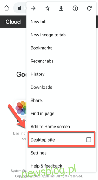 Kliknij opcję Witryna na komputery, aby wyłączyć przeglądanie witryn mobilnych w przeglądarce Chrome na Androida