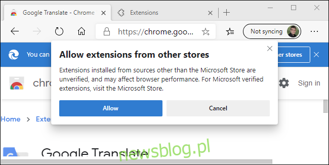 Ostrzeżenie Edge dotyczące Chrome Web Store