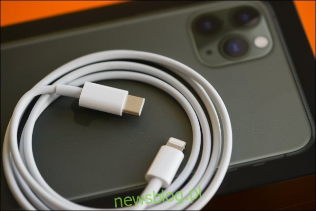 Kabel do szybkiego ładowania ze złącza Lightning na USB-C spoczywający na telefonie iPhone 11.