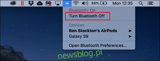 Kliknij ikonę Bluetooth, a następnie kliknij 